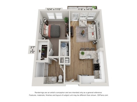 Floor plan for 1 bed, 1 bath, 615 sqft